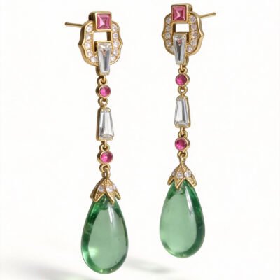 Green Gemstone Diamond Hoops